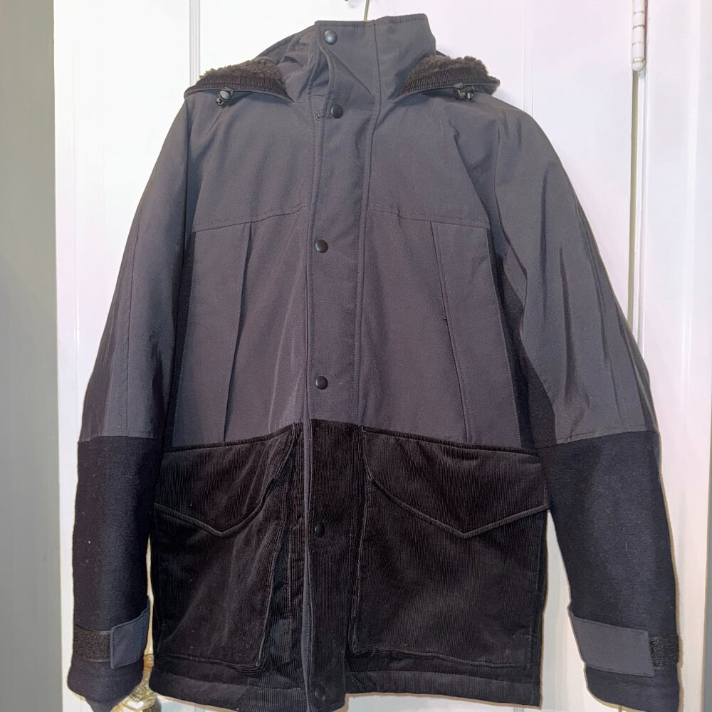 J.Crew Jacket Mens Medium Black Hooded PrimaLoft Corduroy Wool Panels NWT